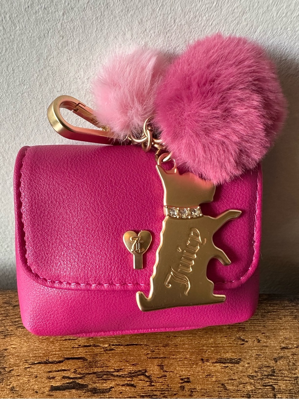 Juicy Couture Hot Pink Pouch Bag Charm Keychain w/ Pom-Pom & Gold Dog Charm NWOT